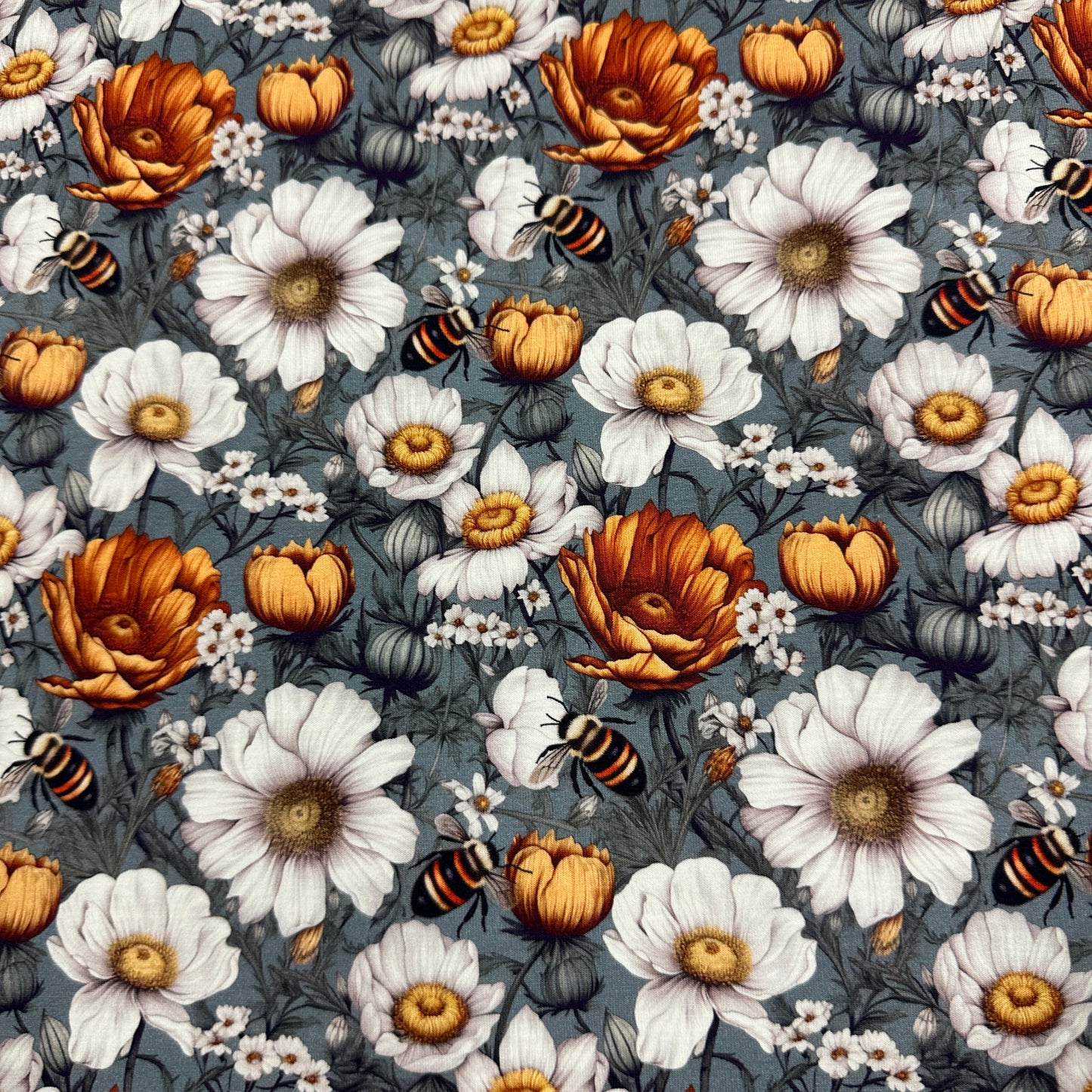 Bees and Blossoms on Bamboo/Spandex Jersey Fabric