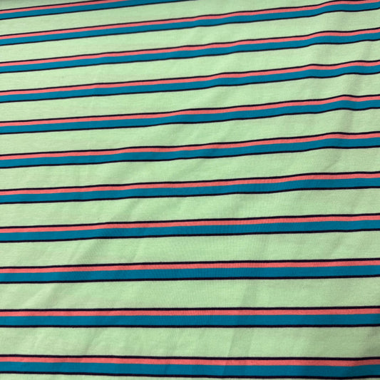 Blue and Peach Stripes on Mint Cotton/Spandex Jersey Fabric