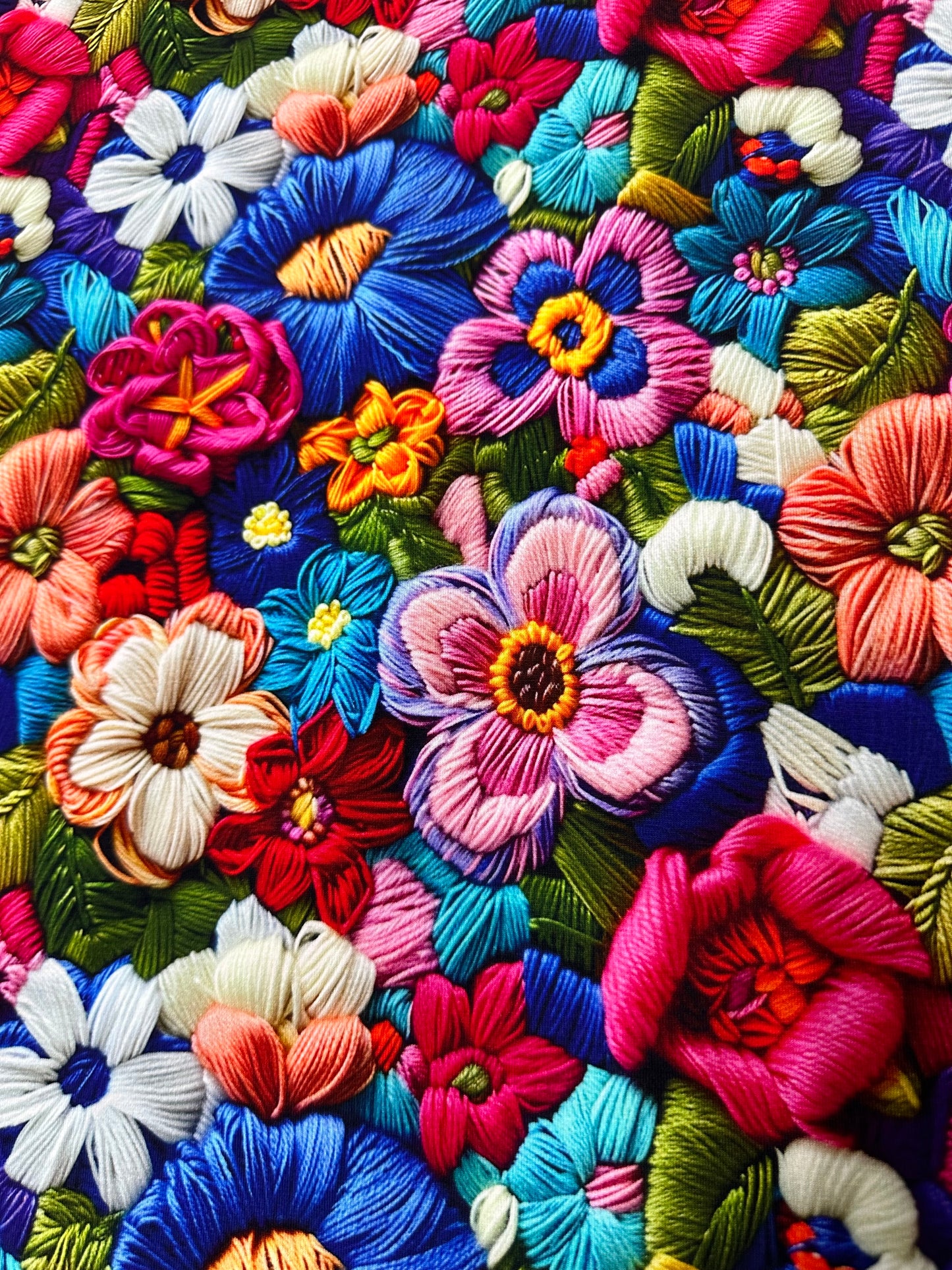 Embroidered Bright Flowers on Bamboo/Spandex Jersey Fabric