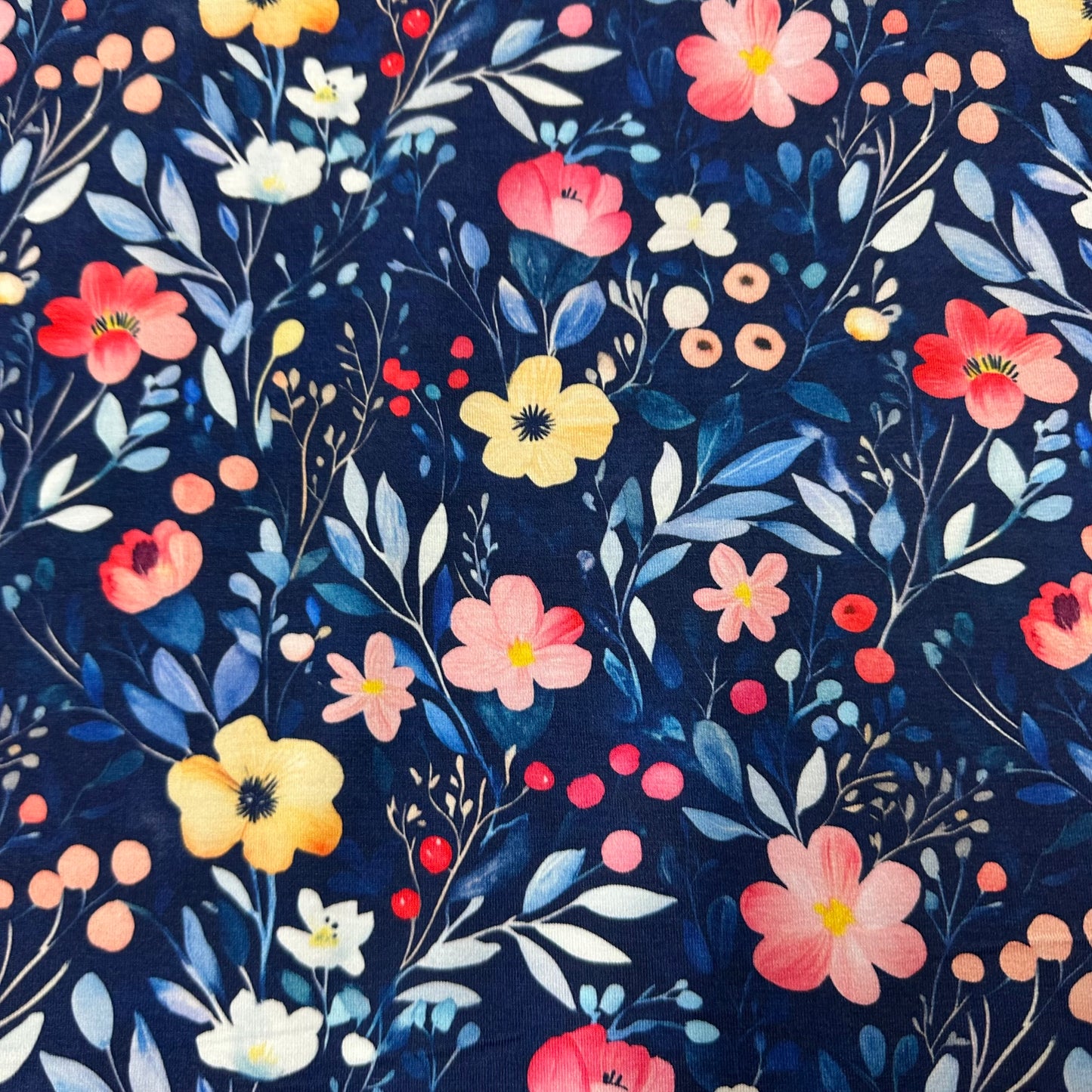 Winter Watercolor Flowers on Bamboo/Spandex Jersey Fabric