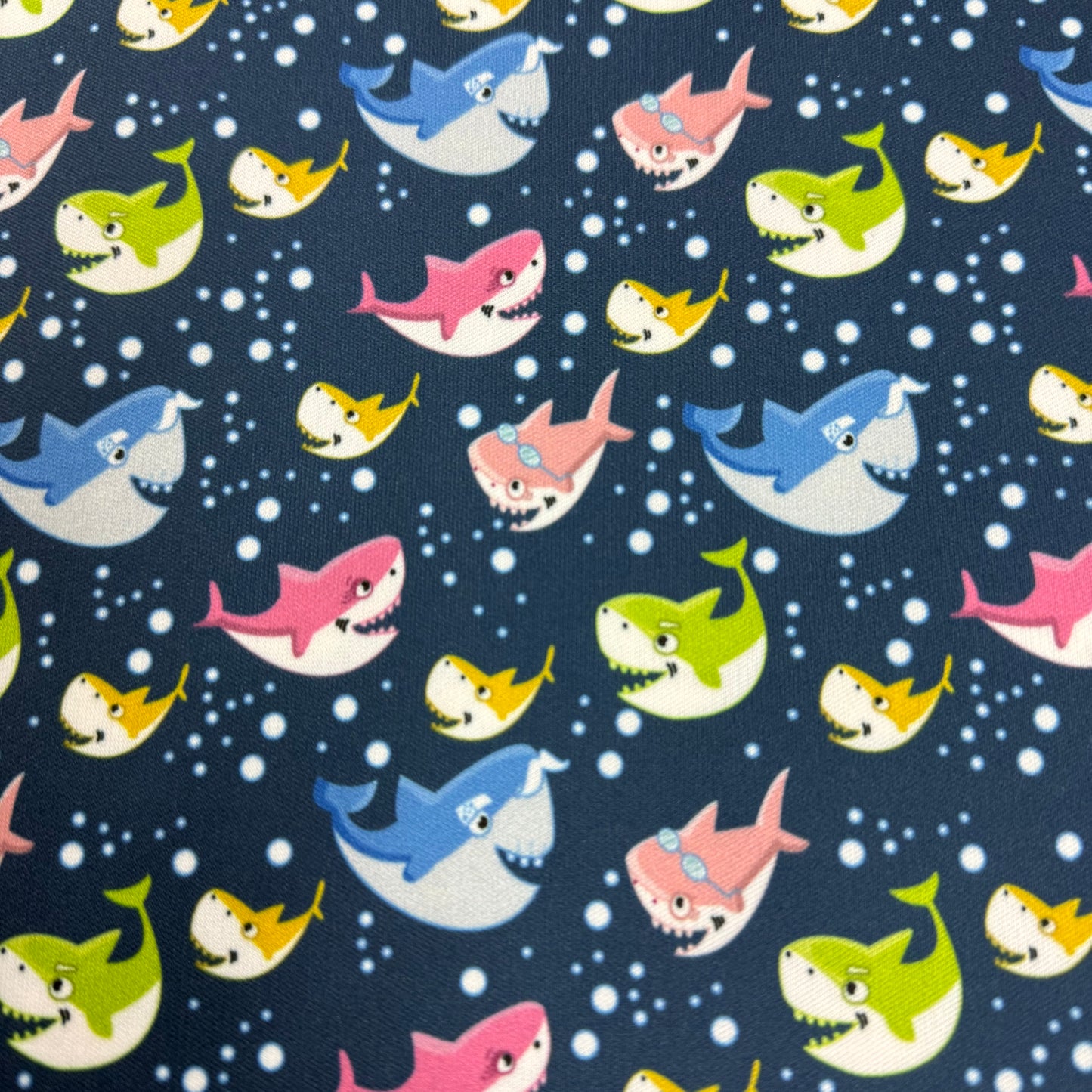 Happy Sharks with Bubbles on 1 mil PUL Fabric