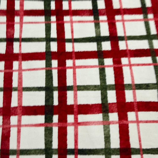 Red and Green Plaid on White Bamboo/Spandex Jersey Fabric - 200GSM