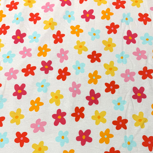 Rainbow Daisies on Off-White Bamboo/Spandex Jersey Fabric - Printed in the USA
