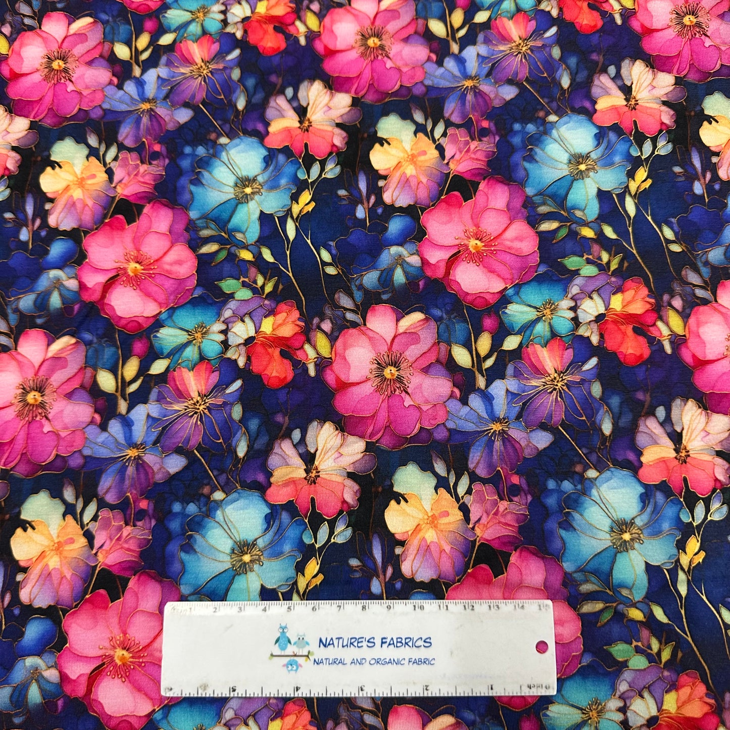 Pink and Blue Wild Roses on Bamboo/Spandex Jersey Fabric