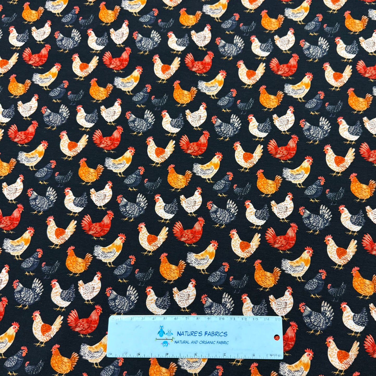 Chickens on Black Organic Cotton/Spandex Jersey Fabric