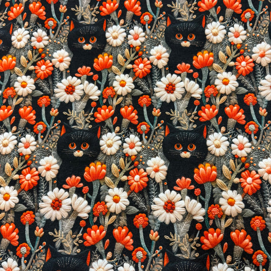 Embroidered Black Cats in the Garden on Bamboo/Spandex Jersey Fabric