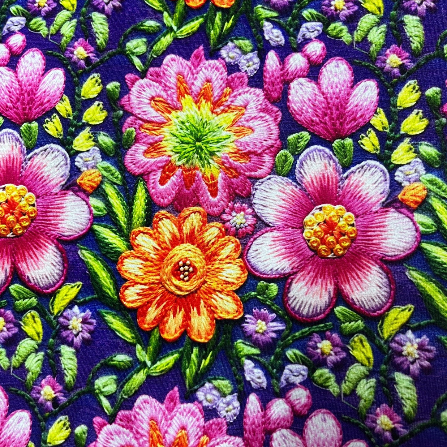 Embroidered Pink Floral on  Organic Cotton/Spandex Jersey Fabric