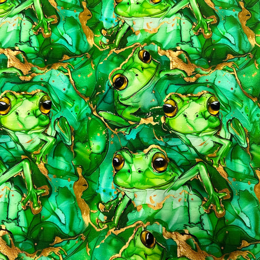 Green Tree Frogs Alcohol Ink on Bamboo/Spandex Jersey Fabric