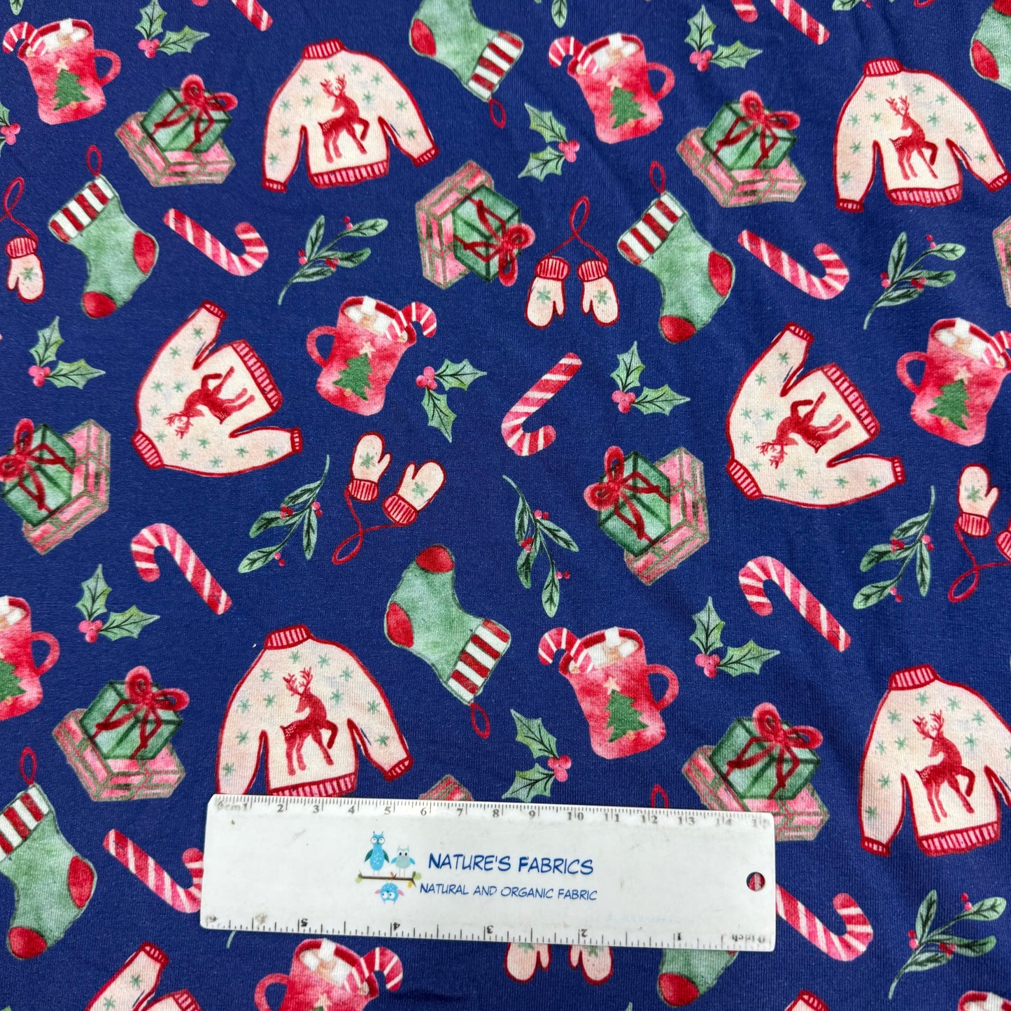 Holiday Toss on Blue Bamboo/Spandex Jersey Fabric - 200 GSM