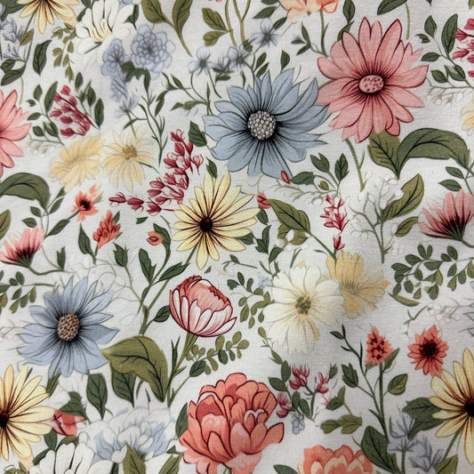 Pink and Blue Daisies on Bamboo/Spandex Jersey Fabric