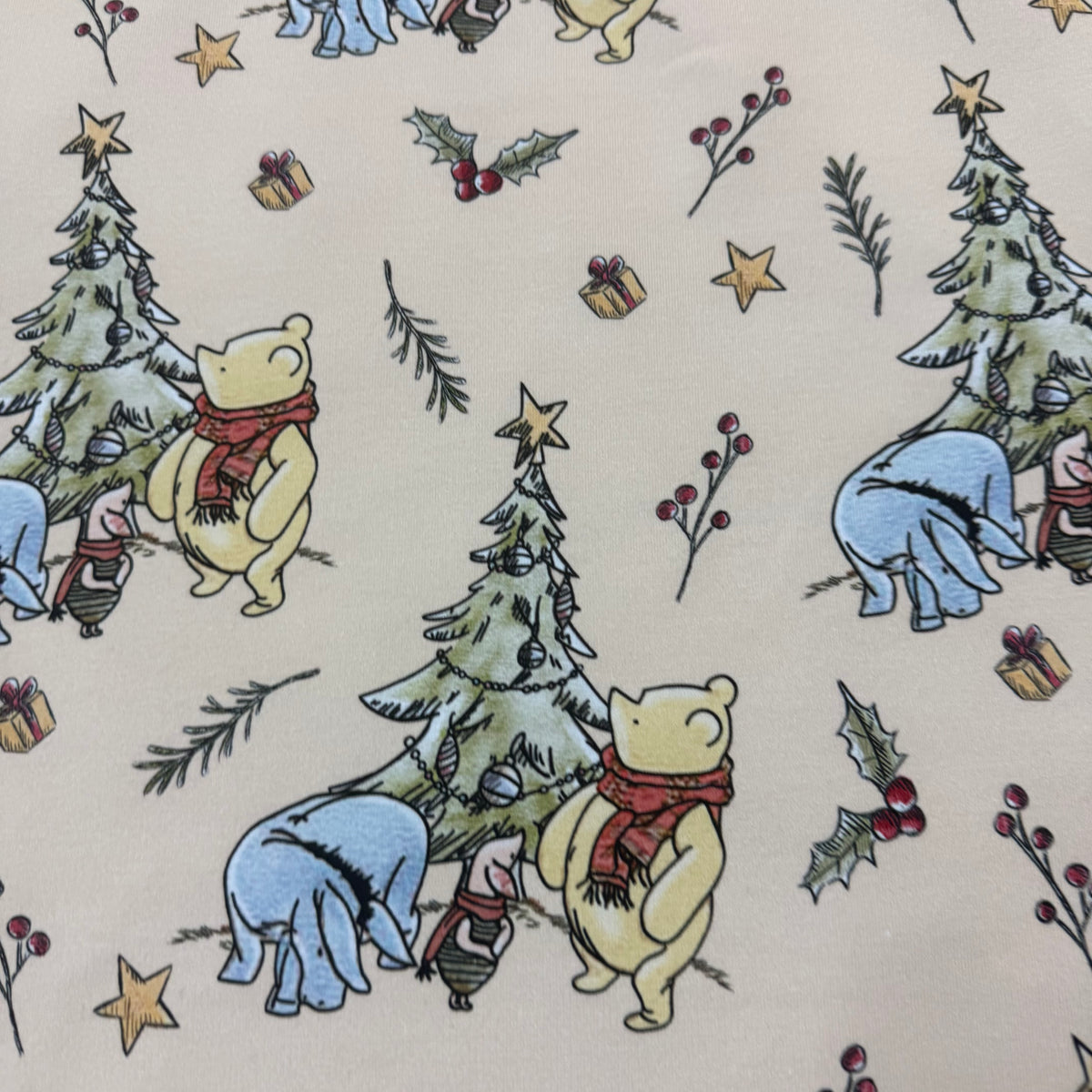 Winnie the Pooh Christmas on Tan Bamboo/Spandex Jersey Fabric