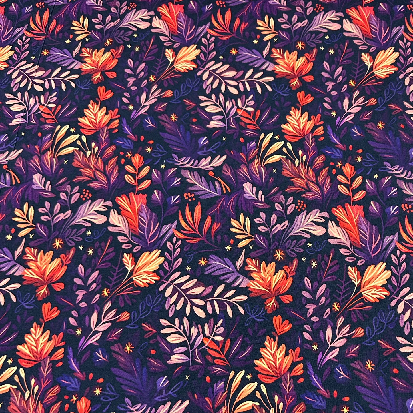 Orange and Purple Fall Vines on Bamboo/Spandex Jersey Fabric