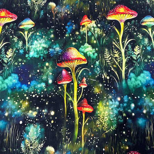 Mystical Mushrooms on Bamboo/Spandex Jersey Fabric