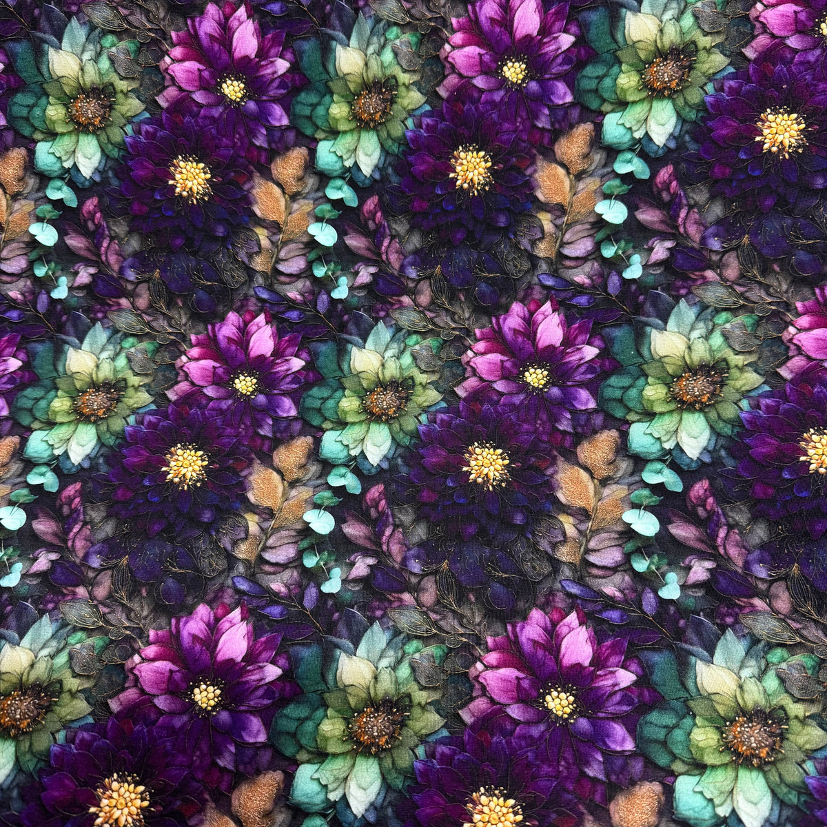Purple and Green Waterlilies on Bamboo/Spandex Jersey Fabrics