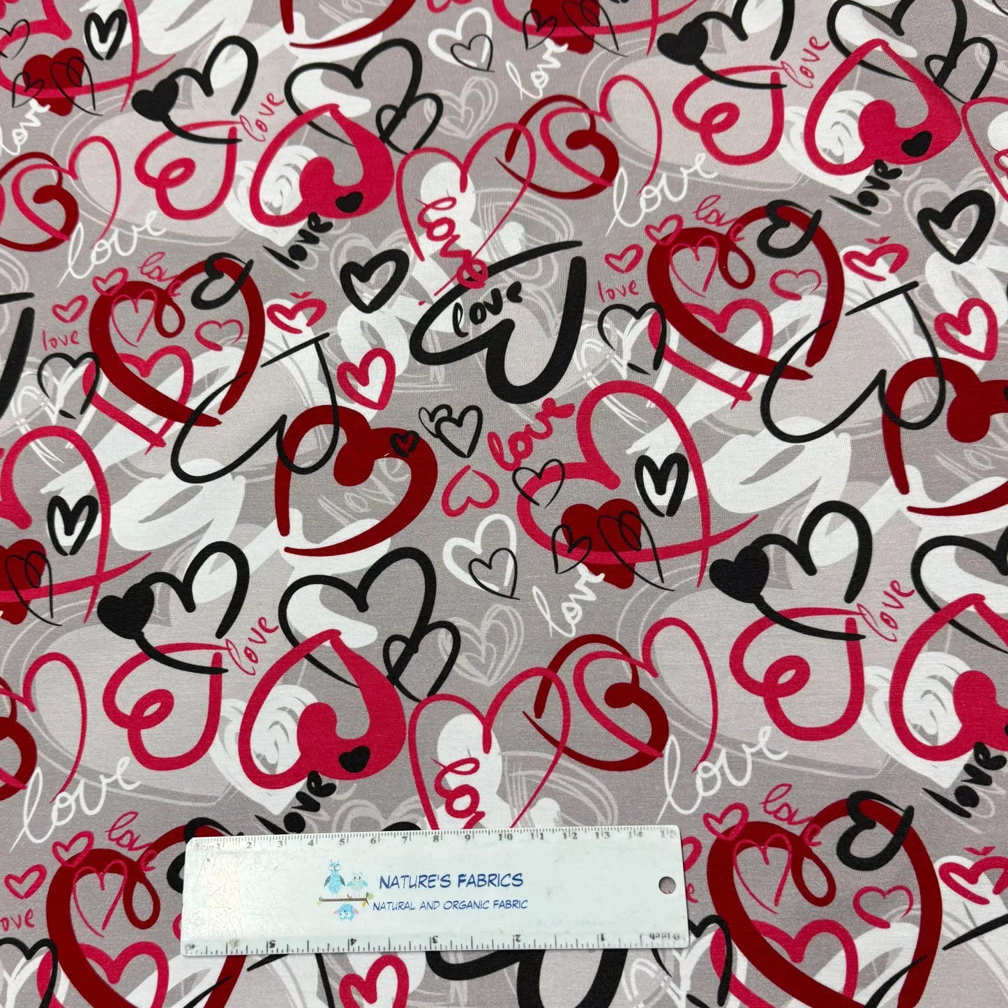 Love Hearts on Gray Bamboo/Spandex Jersey Fabric