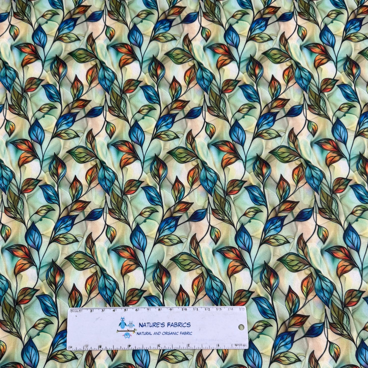 Copper, Blue and Green Leaves Alcohol Ink 1 mil PUL Fabric - Made in the USA