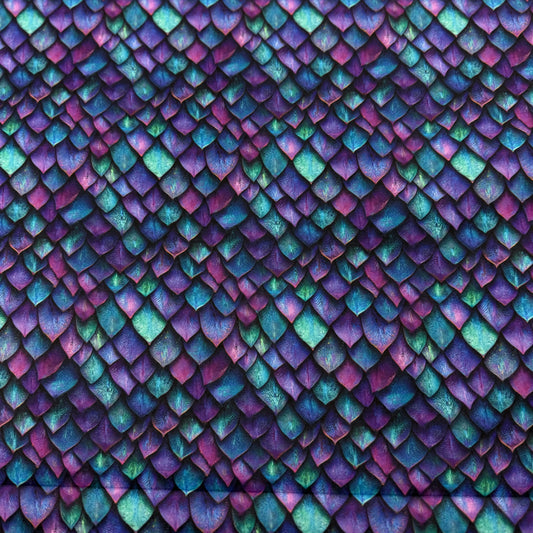 Iridescent purple and teal scale-patterned fabric from Nature's Fabrics