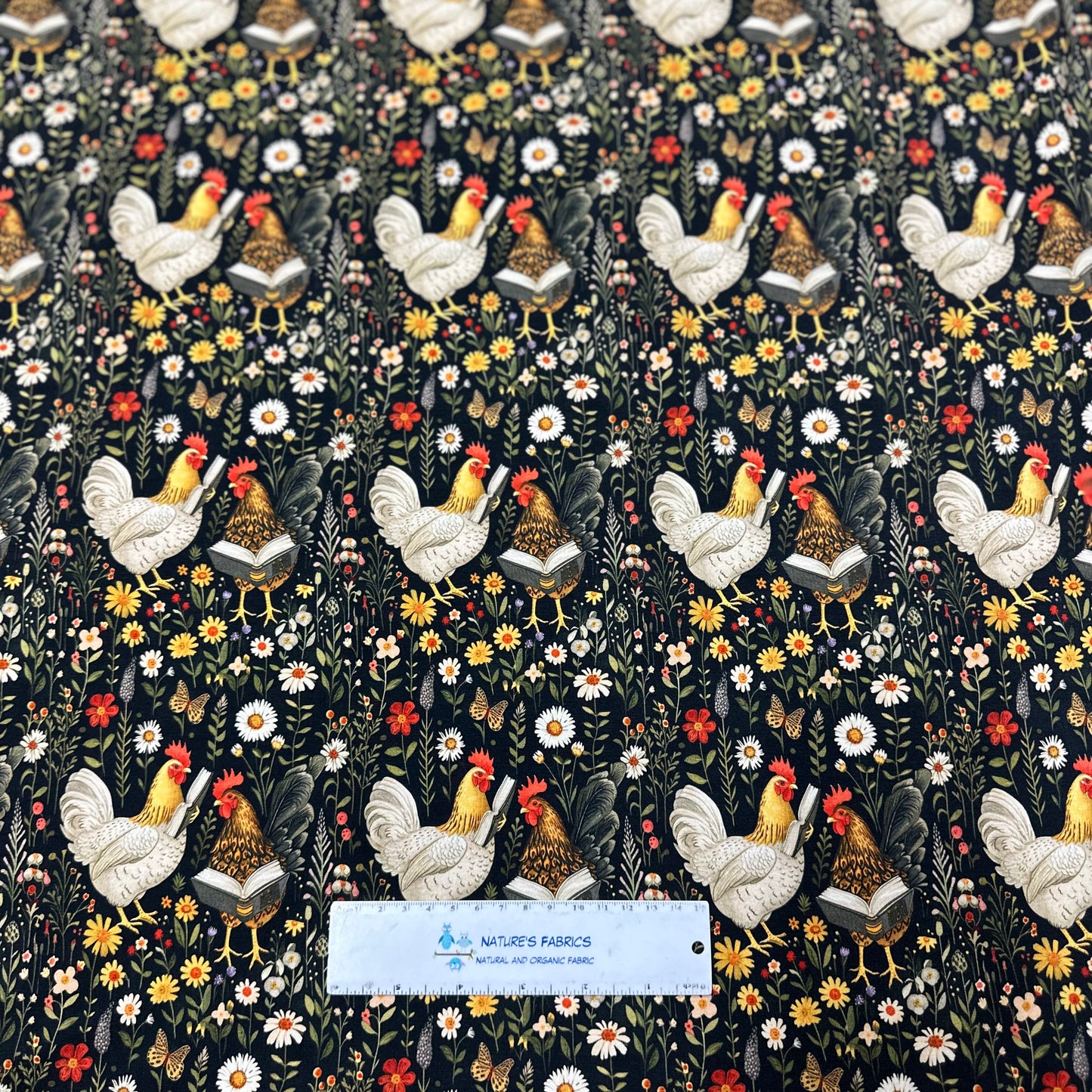 Reading Chickens on Black Floral Bamboo/Spandex Jersey Fabric