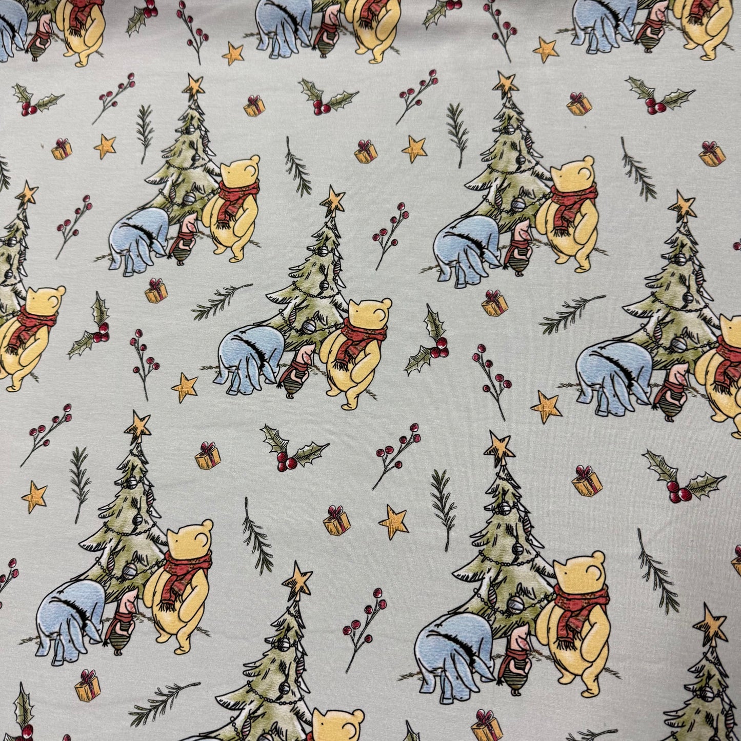 Winnie the Pooh Christmas on Green Bamboo/Spandex Jersey Fabric