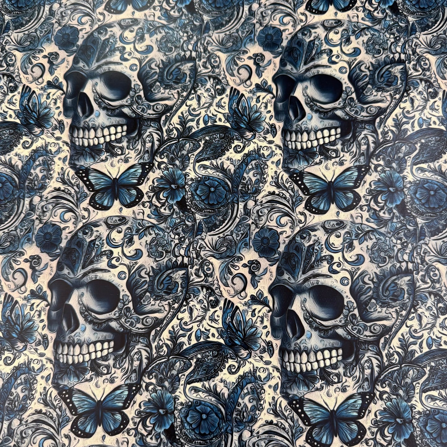 Blue Floral Skulls on Smooth Vinyl Fabric