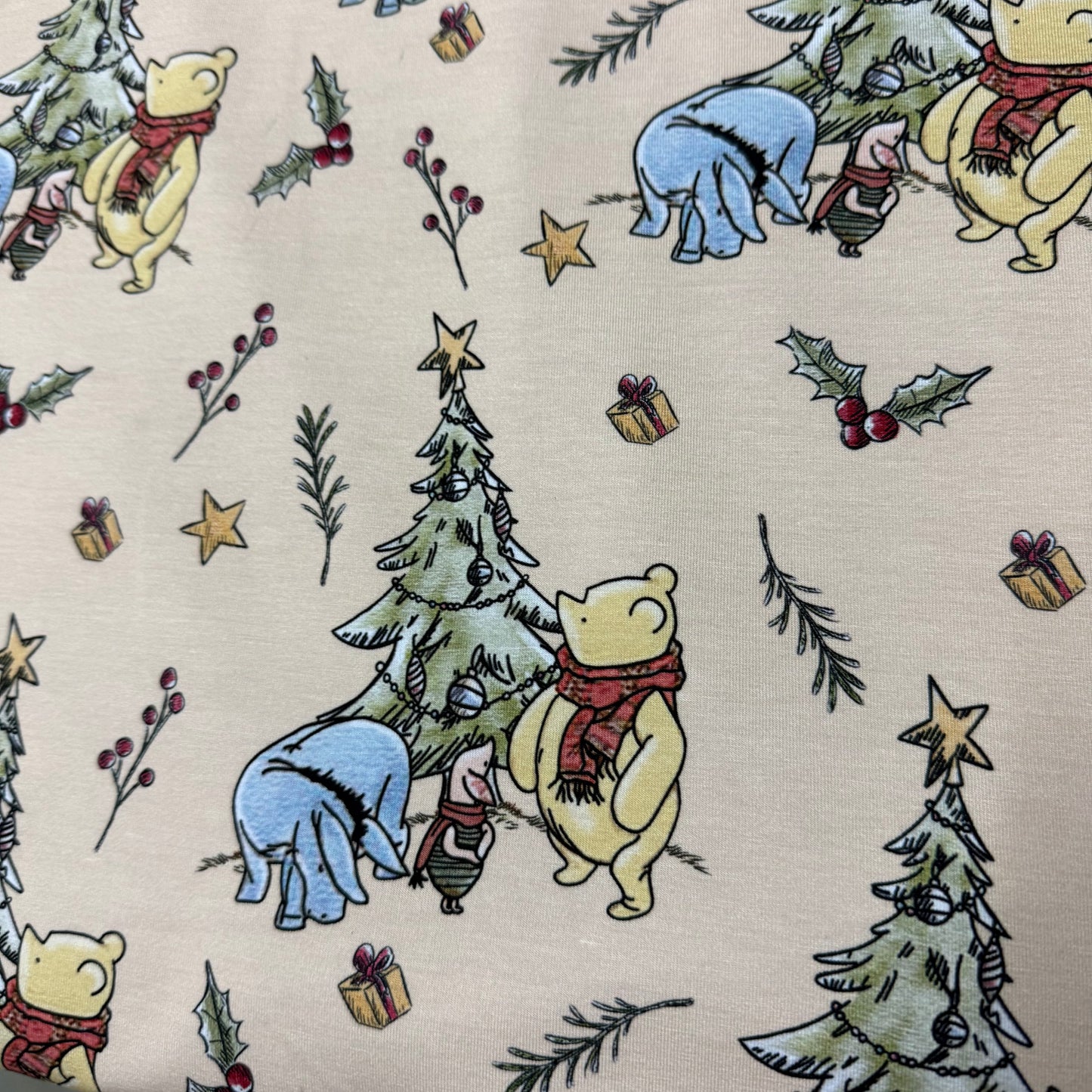 Winnie the Pooh Christmas on Tan Bamboo/Spandex Jersey Fabric