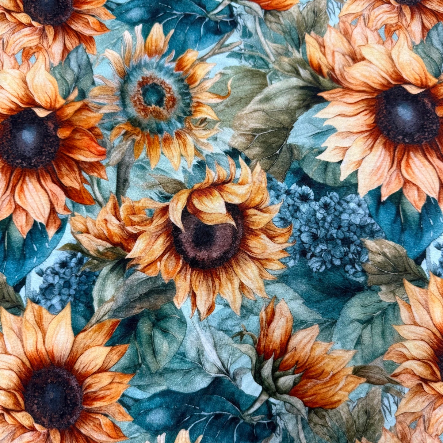 Sunflowers on Teal Bamboo/Spandex Jersey Fabric