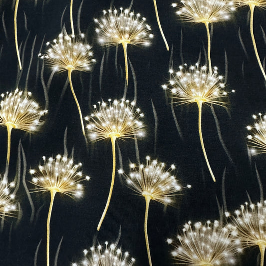 Dandelions on Black Organic Cotton/Spandex Jersey Fabric
