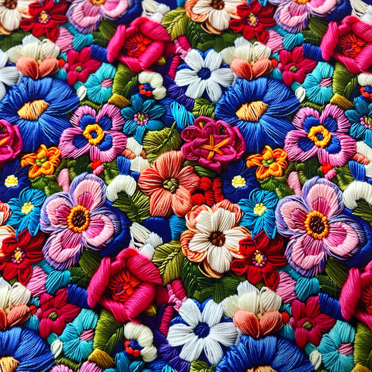 Embroidered Bright Flowers on Organic Cotton/Spandex Jersey Fabric