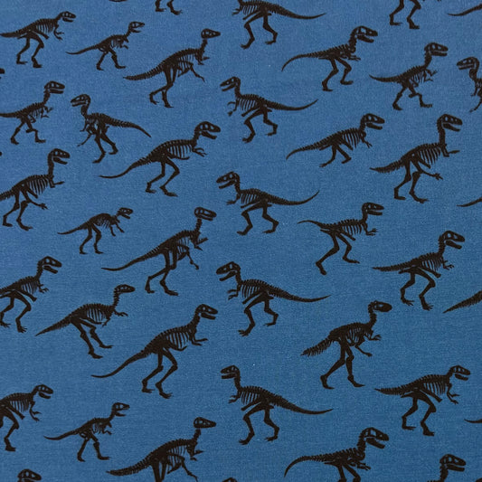 Black Dinos on Blue Organic Cotton/Spandex Jersey Fabric