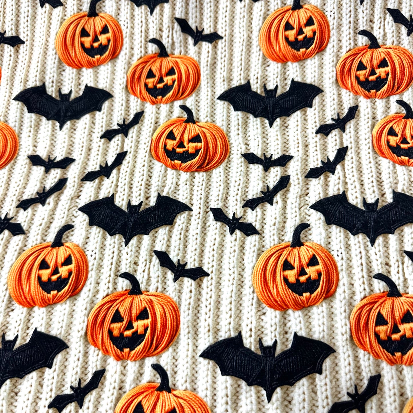 Embroidered Pumpkins and Bats on Organic Cotton/Spandex Jersey Fabric