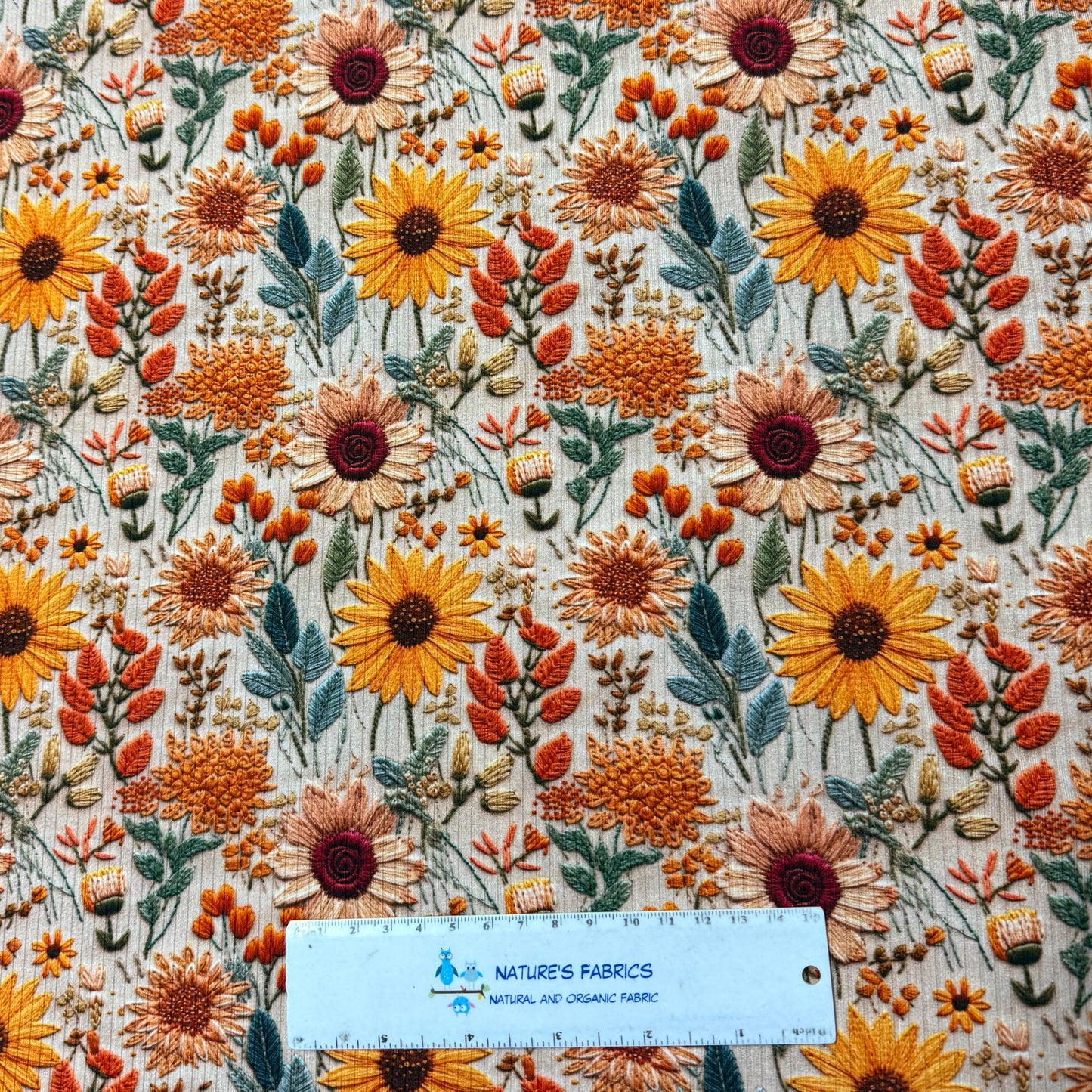 Embroidered Sunflowers on Bamboo/Spandex Rib Knit Fabric