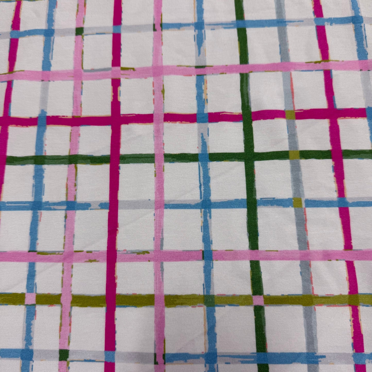 Green and Pink Plaid on Bamboo/Spandex Jersey Fabric - 200 GSM