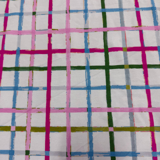 Green and Pink Plaid on Bamboo/Spandex Jersey Fabric - 200 GSM