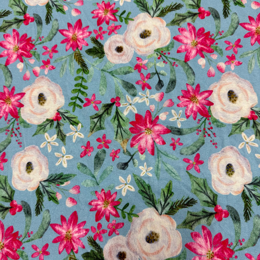 Holiday Flowers on Blue Bamboo/Spandex Jersey Fabric - 200 GSM
