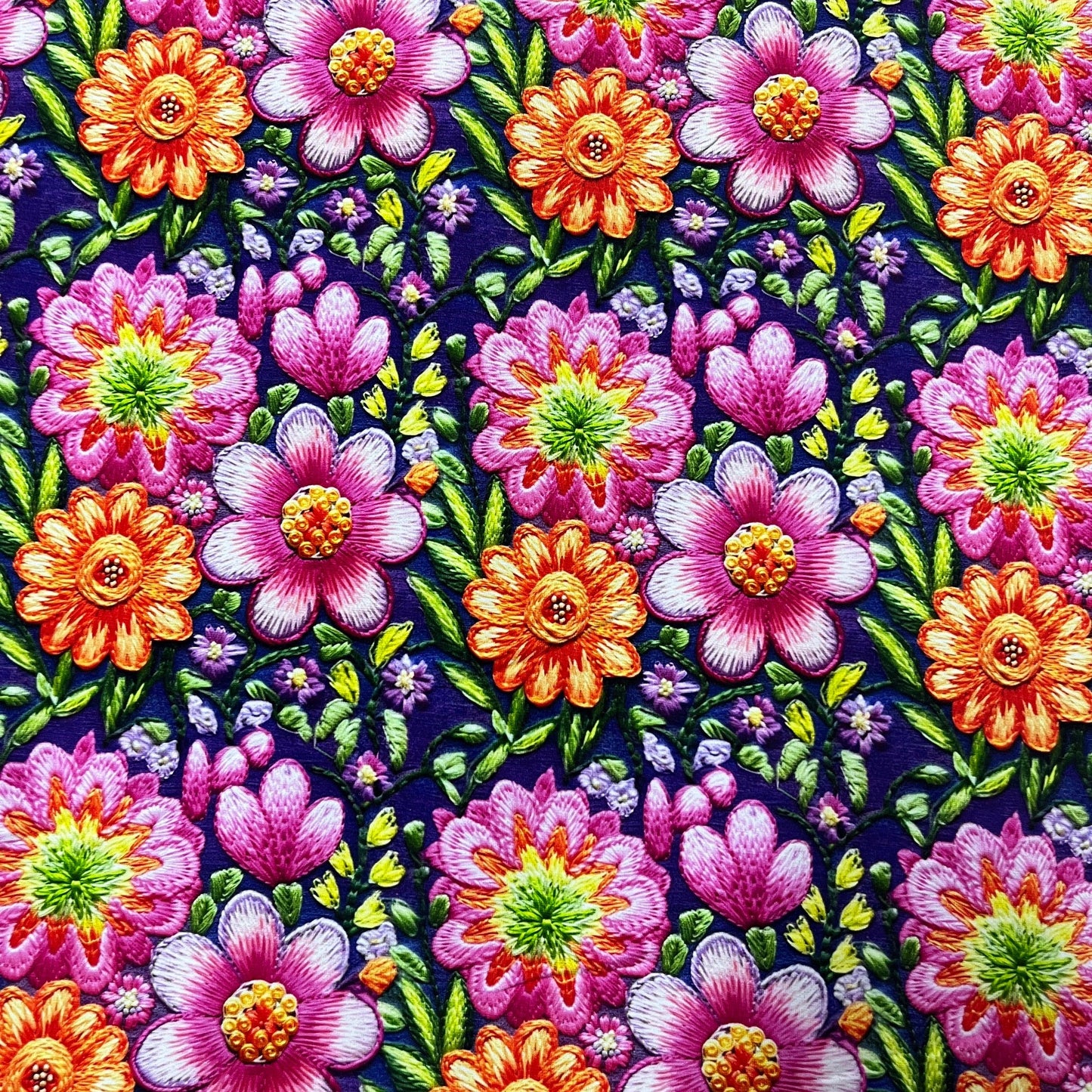 Embroidered Pink Floral on  Bamboo Stretch French Terry Fabric