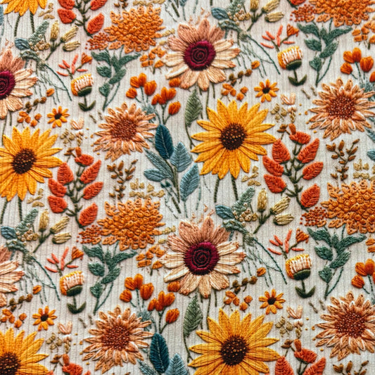 Embroidered Sunflowers on Bamboo/Spandex Rib Knit Fabric