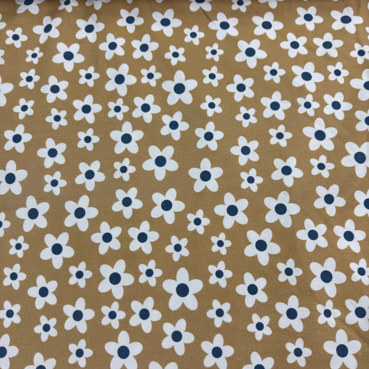 Off White Flowers on Tan Bamboo/Spandex Jersey Fabric - Printed in the USA