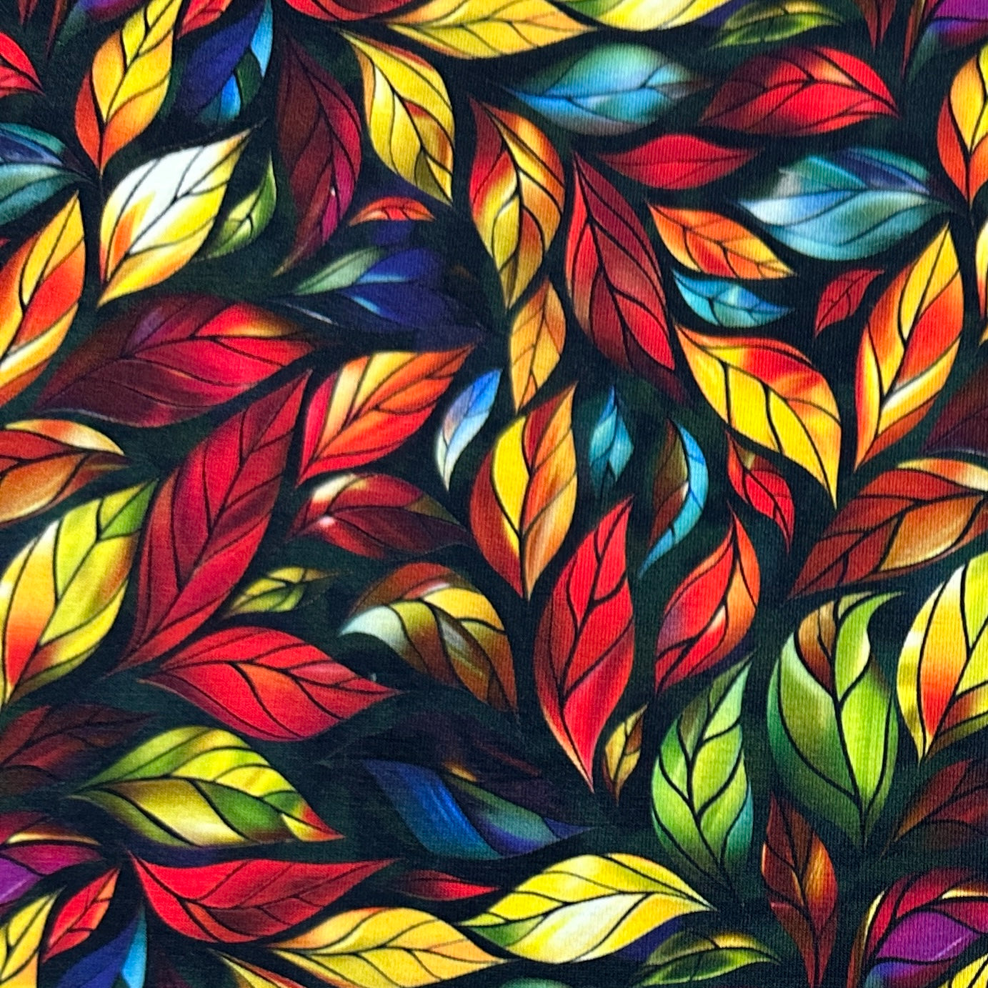 Stained Glass Red Leaves on Bamboo/Spandex Jersey Fabric