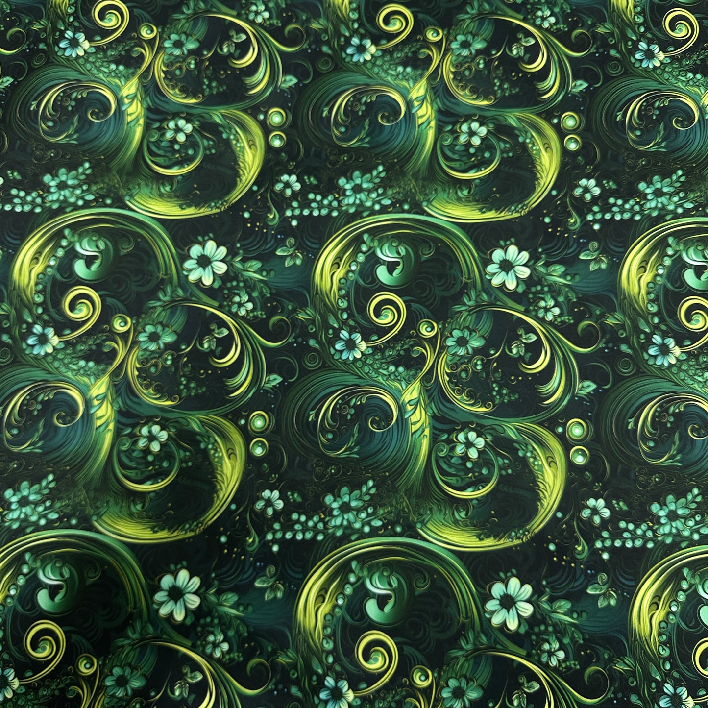 Green Flowery Swirls 1 mil PUL Fabric - Made in the USA