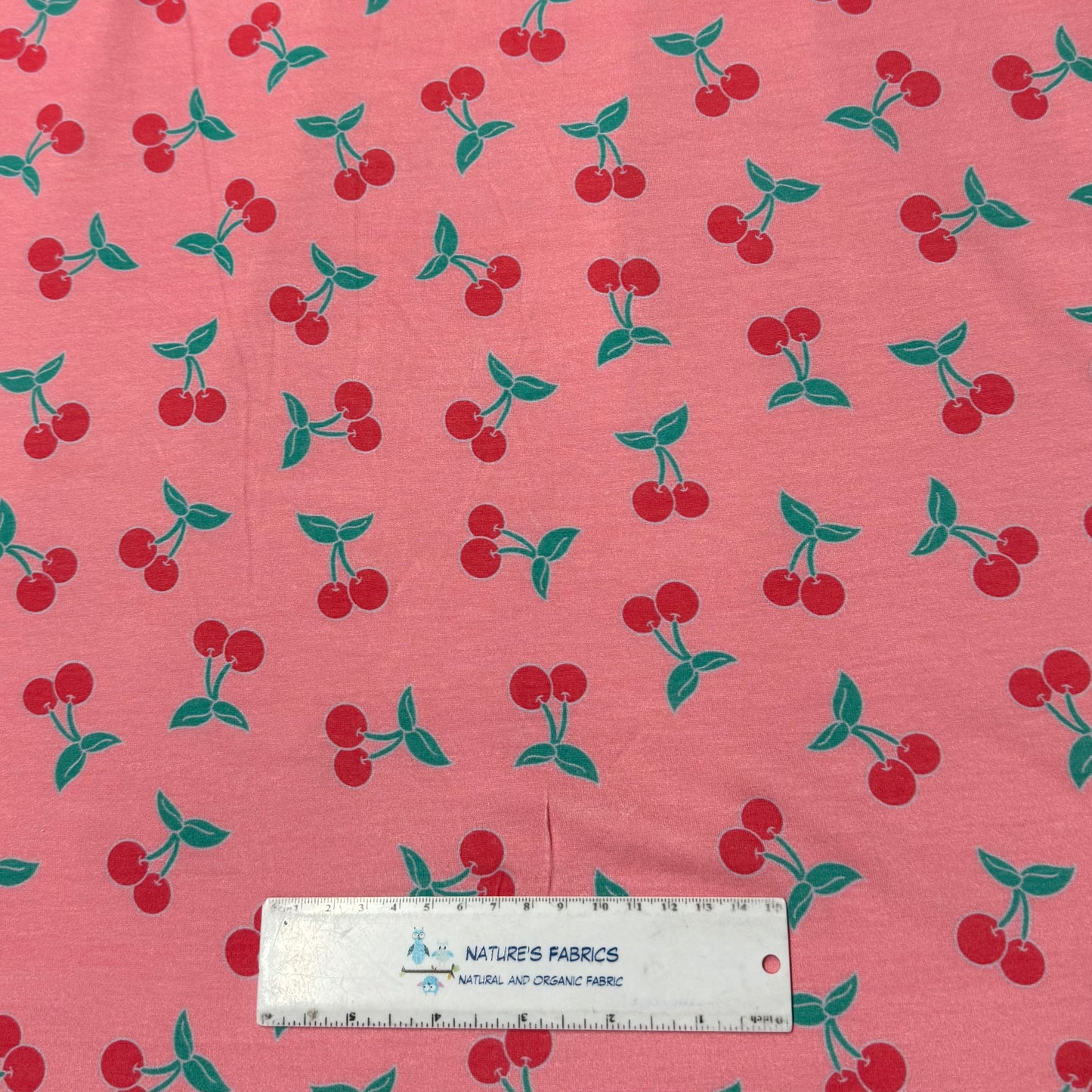 Cherries on Pink Bamboo/Spandex Jersey Fabric - Printed in the USA