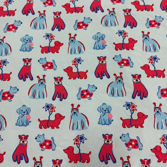 Patriotic Dogs on Blue Bamboo/Spandex Jersey Fabric - 200 GSM
