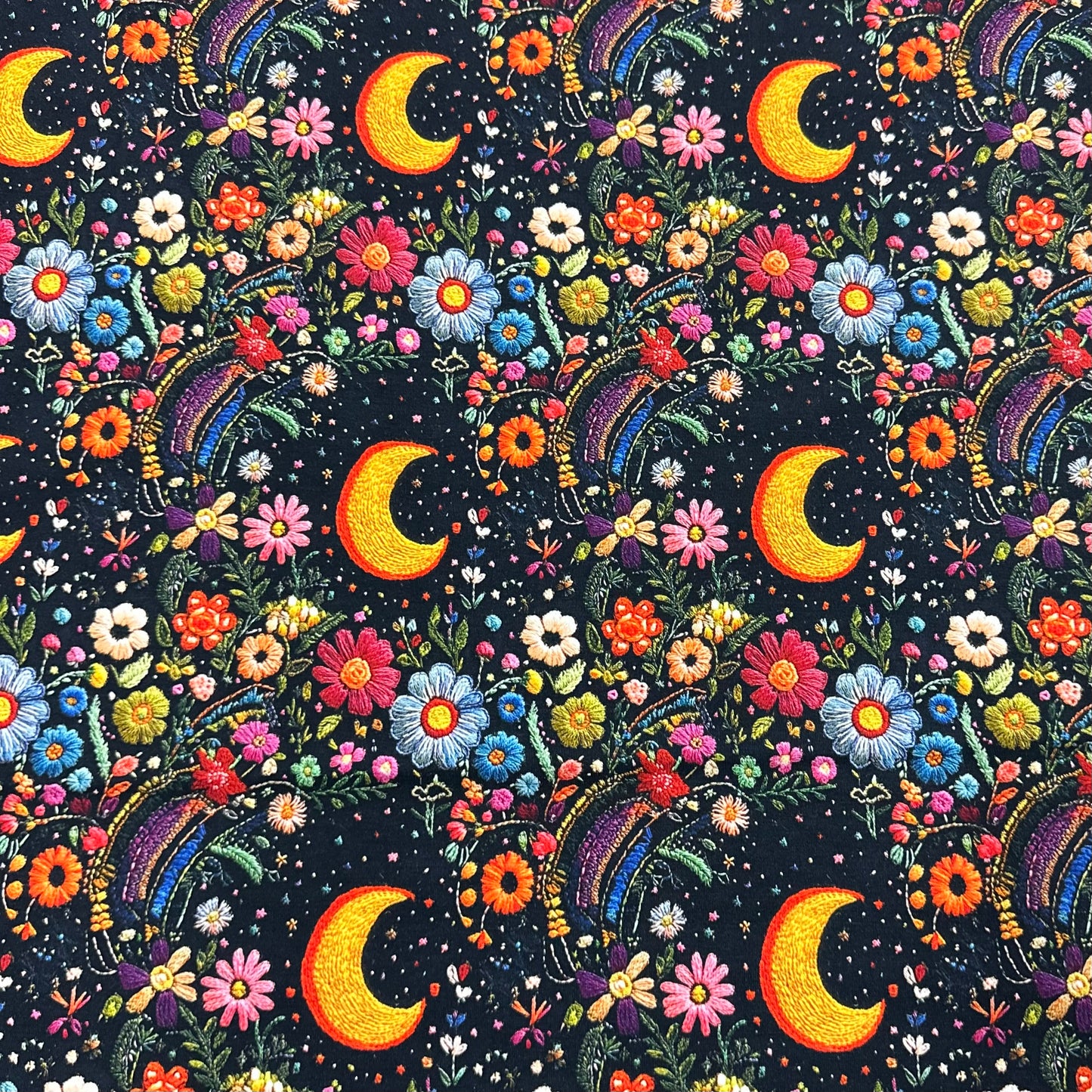 Embroidered Moon Floral on Bamboo/Spandex Jersey Fabric