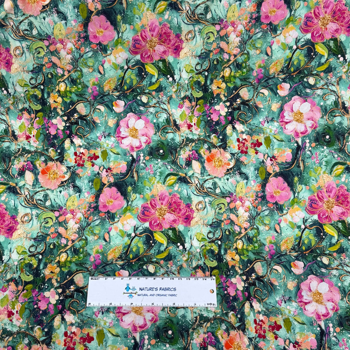 Pink Watercolor Roses on Green Bamboo/Spandex Jersey Fabrics