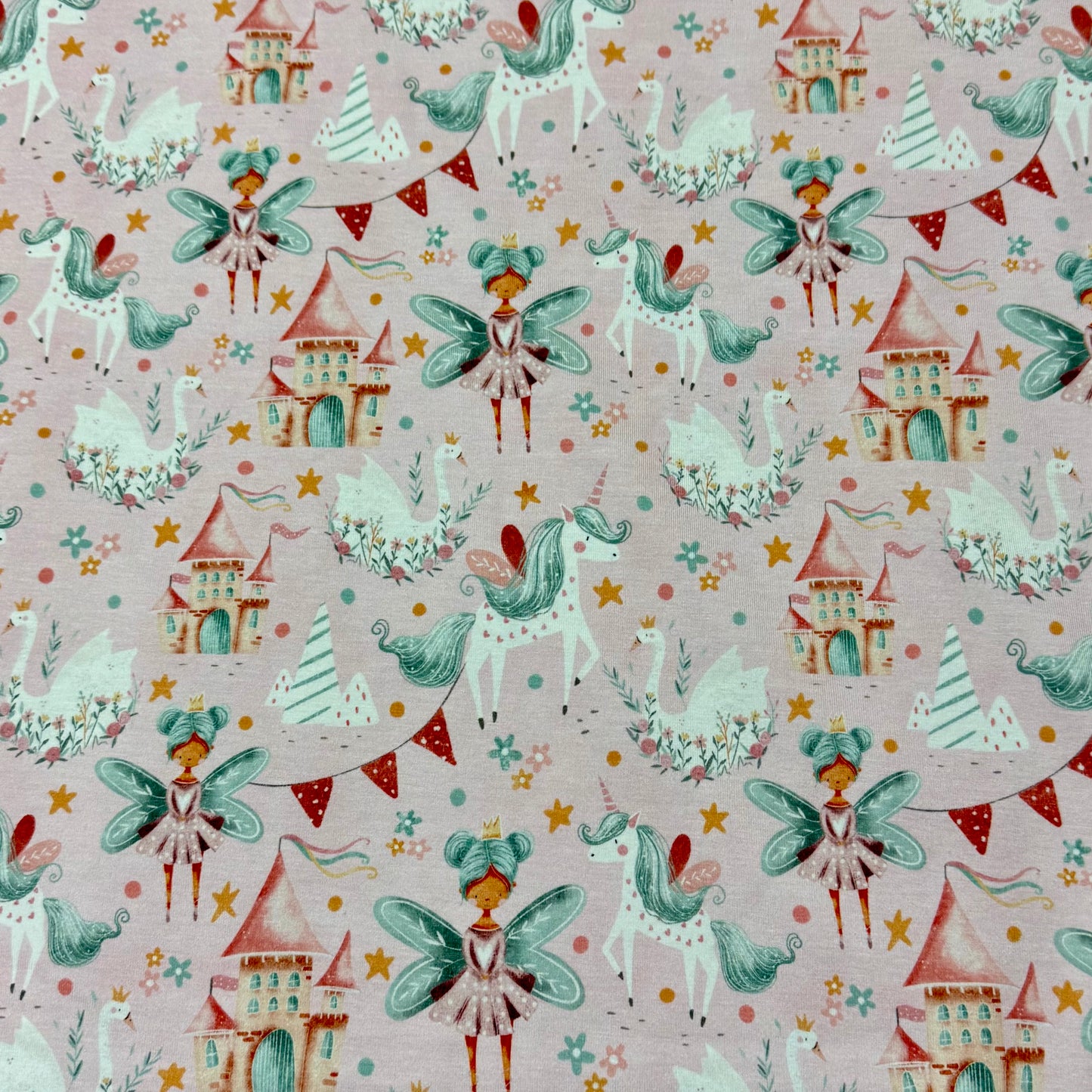 Fairy Tale on Pink Organic Cotton/Spandex Jersey Fabric