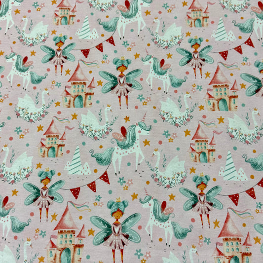 Fairy Tale on Pink Organic Cotton/Spandex Jersey Fabric