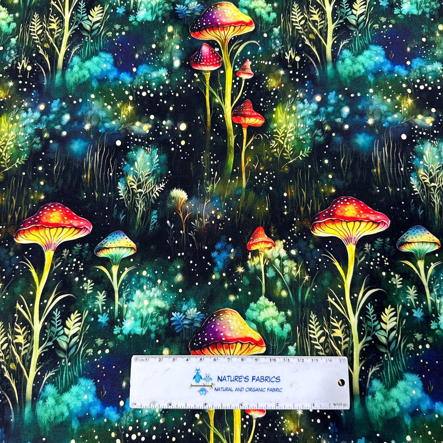 Mystical Mushrooms on Bamboo/Spandex Jersey Fabric