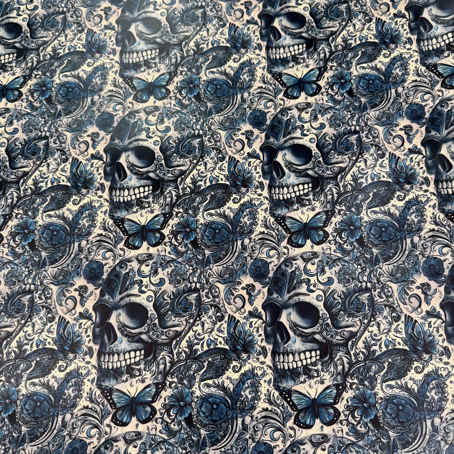 Blue Floral Skulls on Smooth Vinyl Fabric