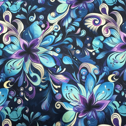 Aqua and Purple Floral on Navy 1 mil PUL Fabric - Made in the USA