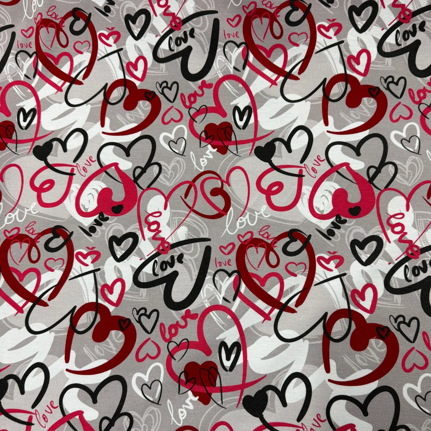 Love Hearts on Gray Bamboo/Spandex Jersey Fabric