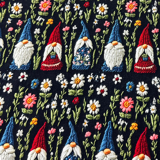 Embroidered Gnomes on Organic Cotton/Spandex Jersey Fabric